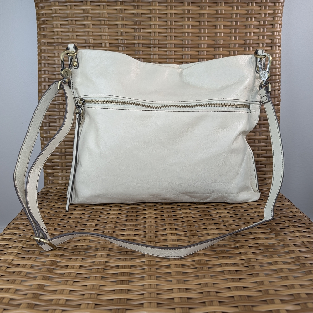 Hobo White Smooth Distressed Style Leather Crossbody Shoulder Bag Fringe Detail